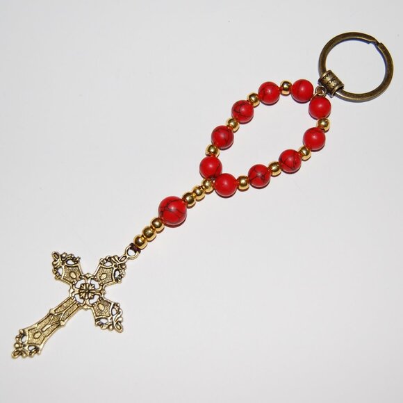 Rosary Keychain,Red Howlite Stone Beads,Pray,Gift for loved One - Picture 1 of 2